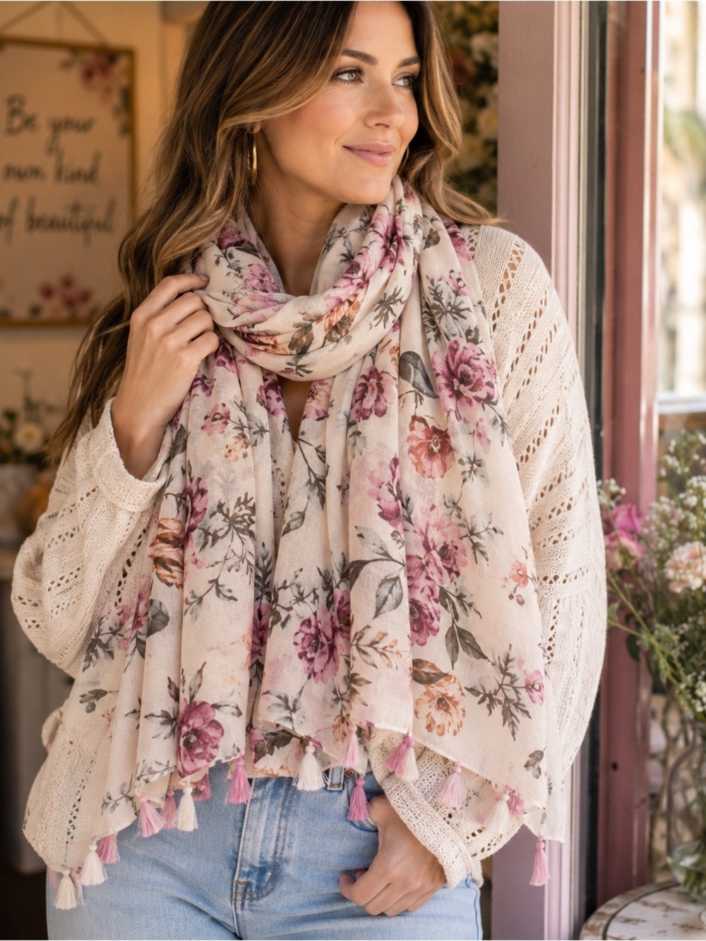Floral Print Scarf Shawl Wrap Pink Cream Tassel Lightweight Oversized 70x36